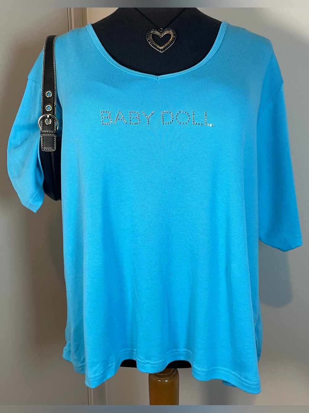 Y2K Dead Stock Plus Size 26/28 Mcbling Blue Rhinestone “Baby Doll” V-neck Shirt